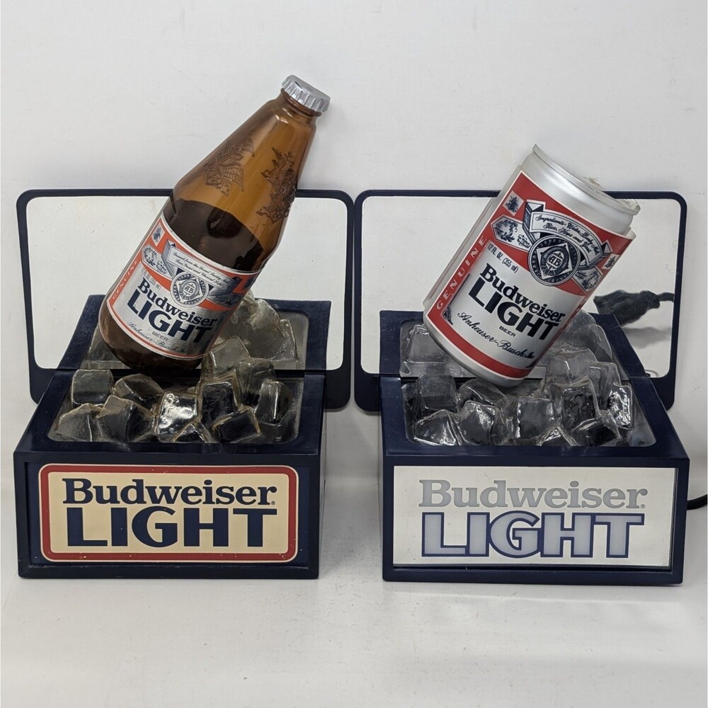 VTG Lot Of 2 Budweiser Light Bar Top Sign Bottle and Lighted Can On Ice Works